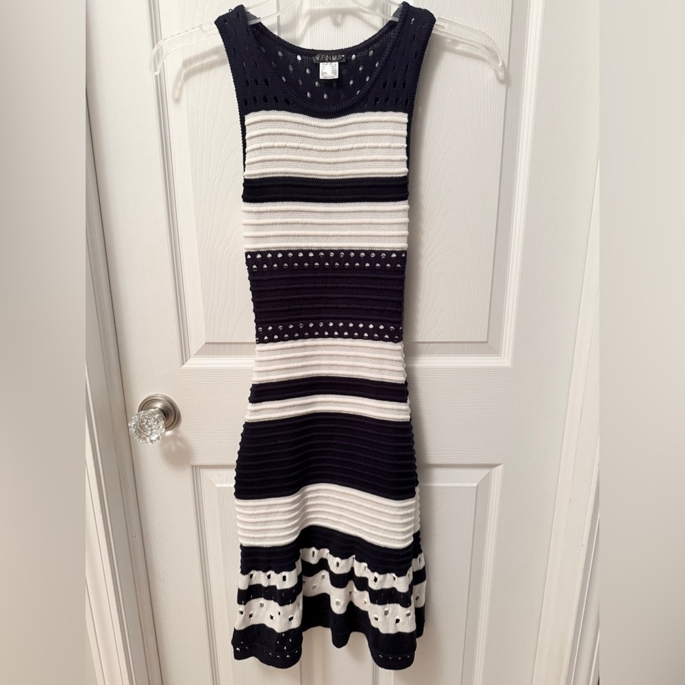 VENUS Black and White Striped Knit Midi Dress